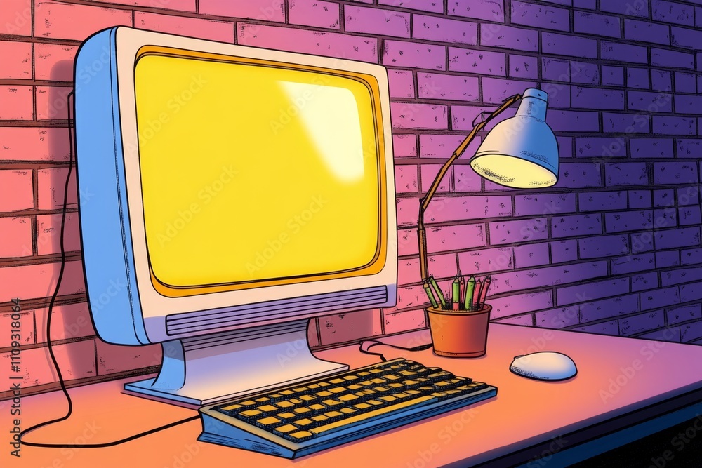 Poster A pixel art computer setup with a glowing monitor, animated keyboard, and colorful desktop icons in retro 8-bit style