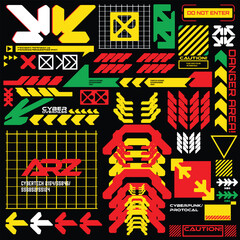 cyberpunk scifi gaming futuristic icon pattern HUD ux ui set collection template, 2d illustration rendering vector element