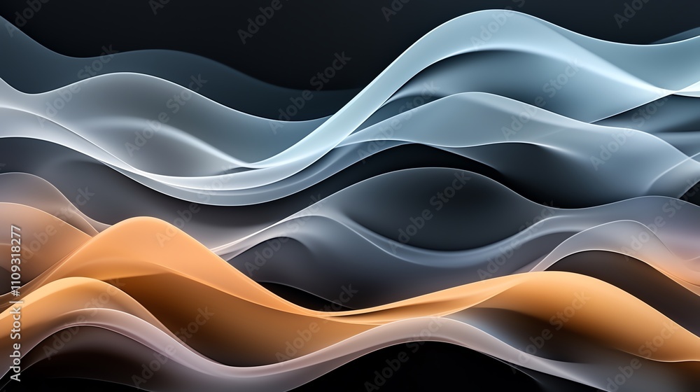 Poster a mesmerizing abstract composition featuring flowing waves in shades of blue, white, and orange, cre