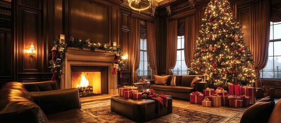 Obraz premium Cozy living room decorated for the holidays featuring a warm fireplace colorful gift boxes and a large Christmas tree