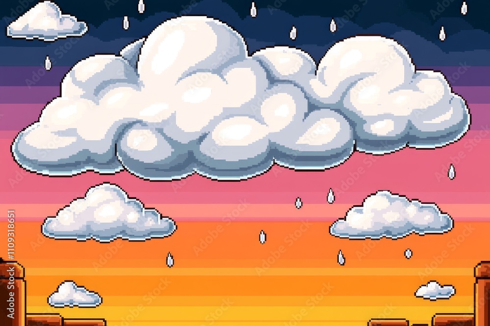 Poster A pixel art depiction of fluffy clouds drifting across a vibrant 8-bit sky, with animated raindrops falling gently below
