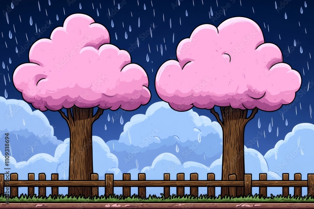 Poster A pixel art depiction of fluffy clouds drifting across a vibrant 8-bit sky, with animated raindrops falling gently below