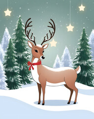 Charming reindeer stands proudly in a winter wonderland adorned with snowflakes and stars, evoking holiday cheer and magic