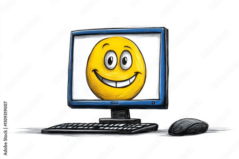 Poster A playful 2D illustration of a computer monitor with a cartoonish smiling face on the screen, drawn on a white background