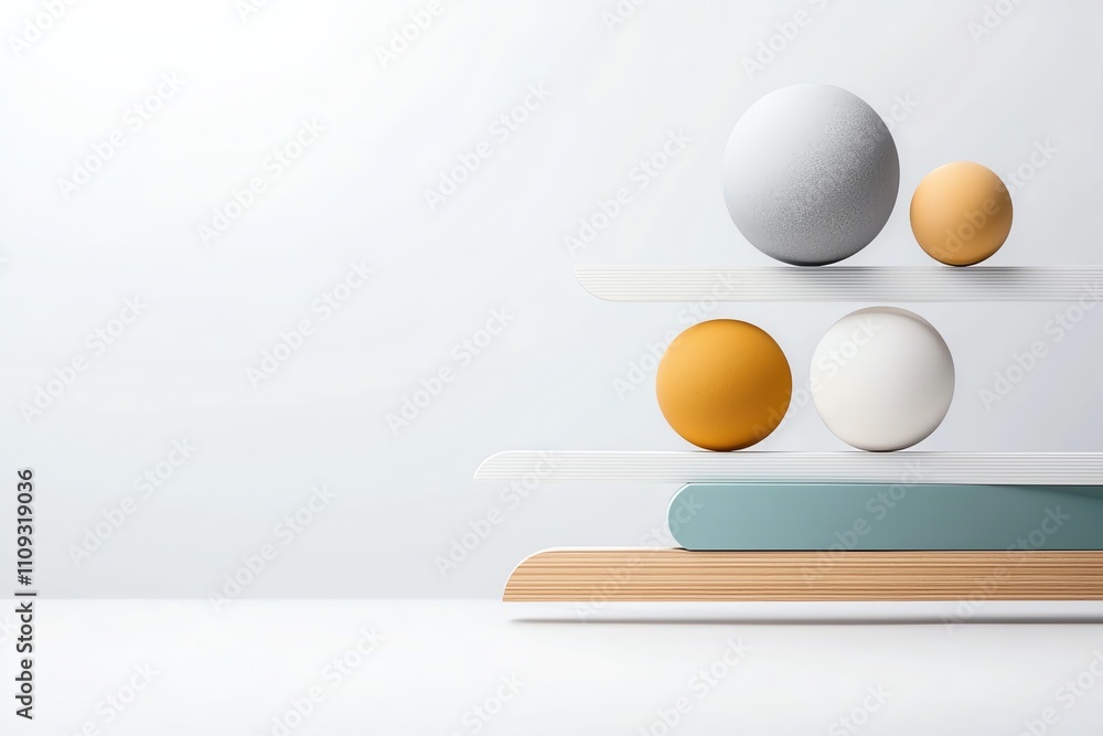 Poster a minimalist composition featuring overlapping geometric shapes, including spheres of various colors