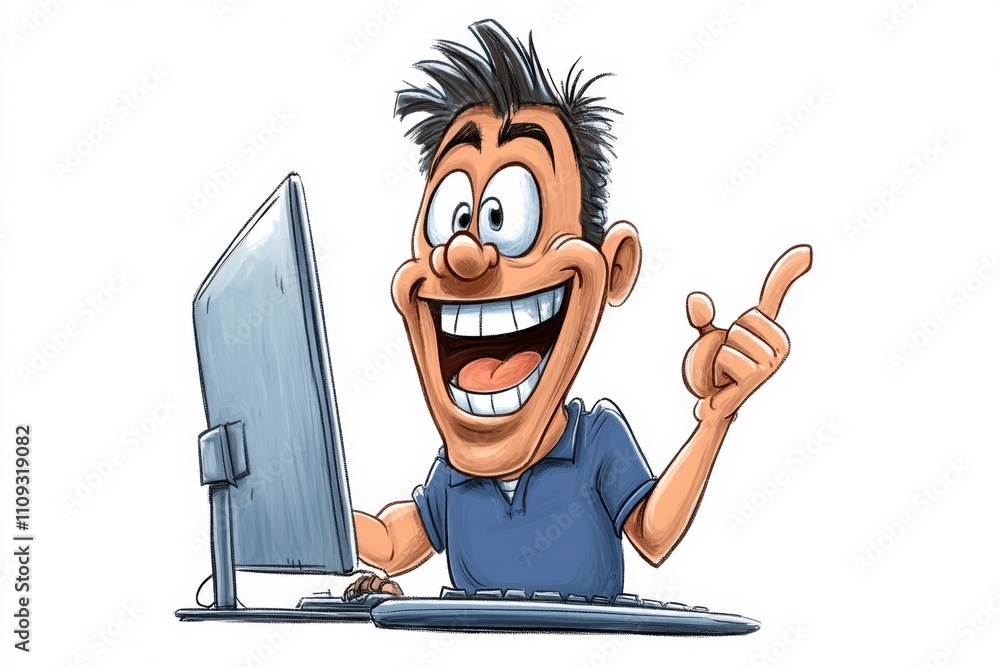 Poster A playful 2D illustration of a computer monitor with a cartoonish smiling face on the screen, drawn on a white background