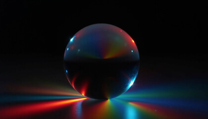 Vibrant rainbow reflections from glass sphere on dark surface.