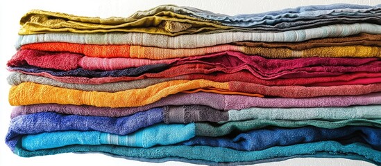 Colorful towels stacked in neat layers against a clean white background showcasing texture and vibrancy