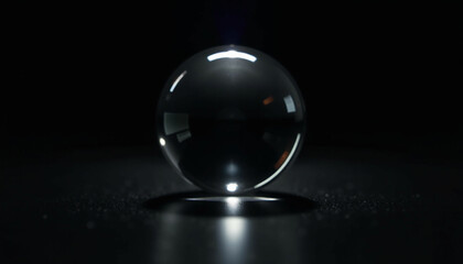 A translucent sphere rests on a dark surface  illuminated from below  casting a subtle reflection.