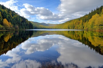 A serene image of white clouds reflected perfectly in a calm mountain lake at sunrise