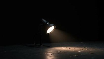 A small  dark desk lamp illuminates a dark surface  casting a warm glow on scattered debris.