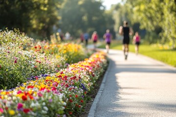 Fototapeta premium Early morning joggers on path flanked by vibrant flowerbeds