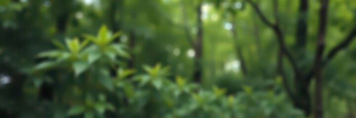 Obraz premium Blurred background of lush green foliage in a forest, creating a serene and tranquil atmosphere, blurred