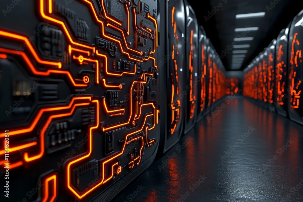 Poster a shadowy depiction of a computer with glowing red circuitry, surrounded by eerie digital symbols in