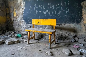 A shadowy classroom with eerie, flickering lights and mysterious symbols etched into the chalkboard, evoking an unsettling atmosphere