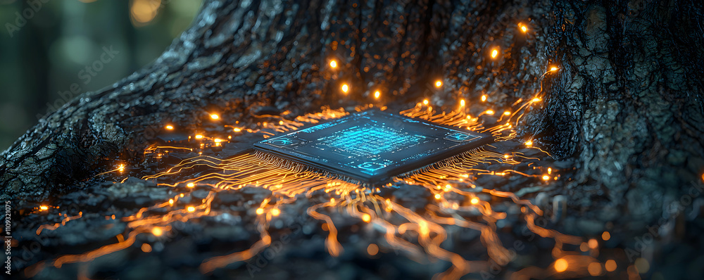 Poster microchip embedded within a tree trunk base