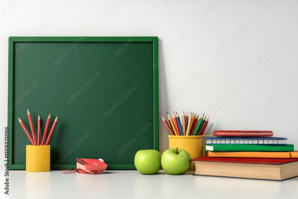Poster a simple 2d depiction of a teacher desk with a chalkboard behind it, surrounded by colorful statione