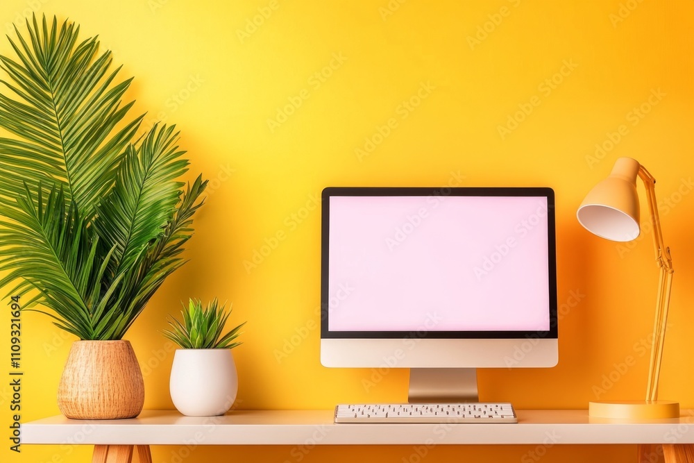 Poster A sleek modern desktop computer on a minimalist desk, with a glowing screen displaying a vibrant interface