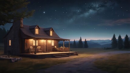A journey of adventure and exploration with unforgettable travel destinations plan your dream vacation today. Cozy cabin in a serene landscape under a starry night sky, warm light illuminating