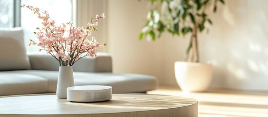 Contemporary living room featuring a wi fi router and artificial flowers showcasing minimalist decor and efficient storage solutions