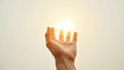 A hand reaches toward the setting sun  symbolizing hope  warmth  and aspiration.