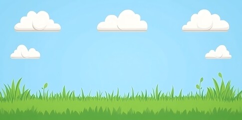 A flat and minimal cartoon grassy field, soft pastel tones, fluffy white clouds against a blue background