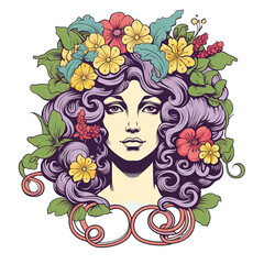 A stylized illustration of a woman with flowing purple hair decorated with a vibrant arrangement of flowers and leaves.