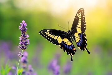 A swallowtail butterfly hovering over a lavender field, with its delicate wings backlit by the evening sun