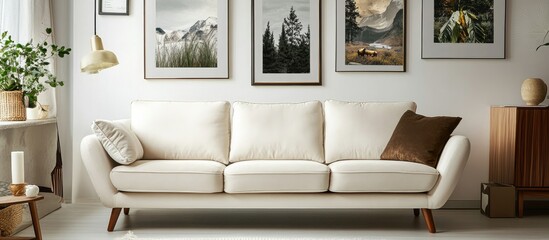 Fototapeta premium Cozy sofa nestled in an elegant living room adorned with diverse nature posters perfect for relaxation and style