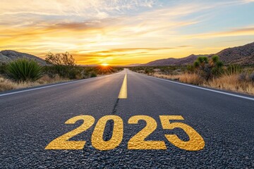 Sunset in desert with 2025 on road signaling future journey