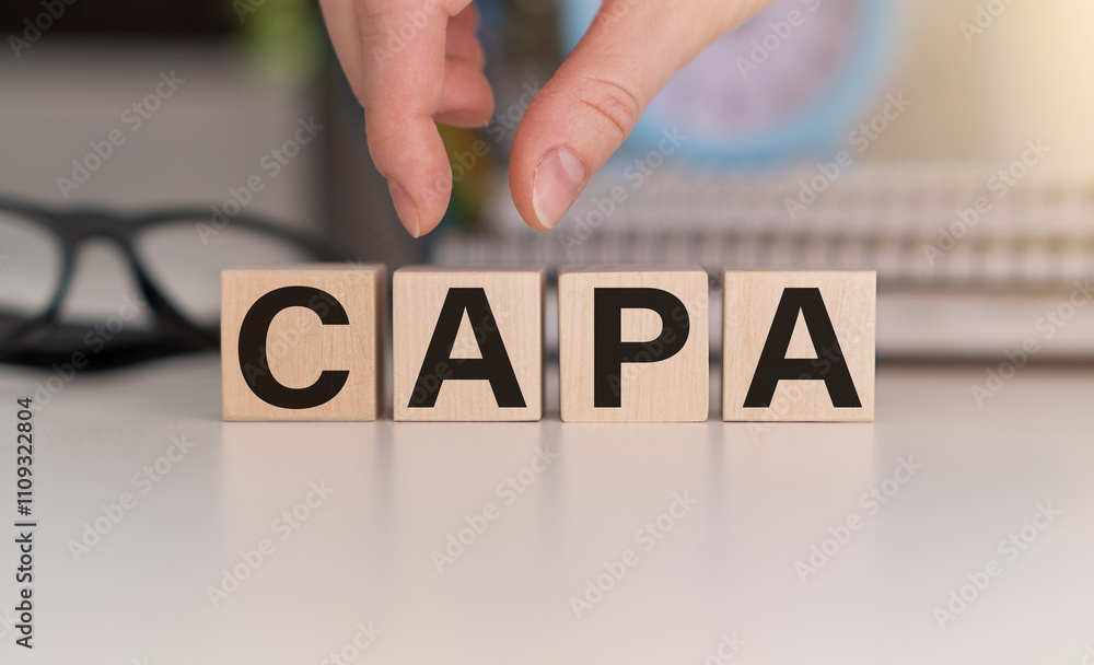Poster word capa. wooden small cubes with letters isolated on table with copy space available