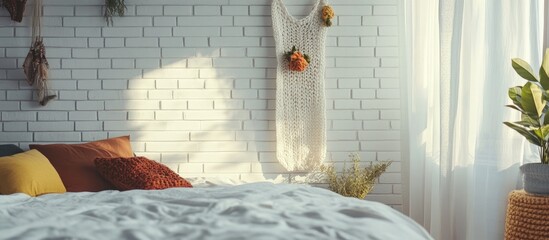 Cozy bedroom interior featuring a white brick wall adorned with knitted decorations hanging on the door