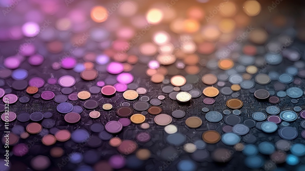 Poster material science nanomaterials concept. a colorful array of shimmering, circular sequins scattered a