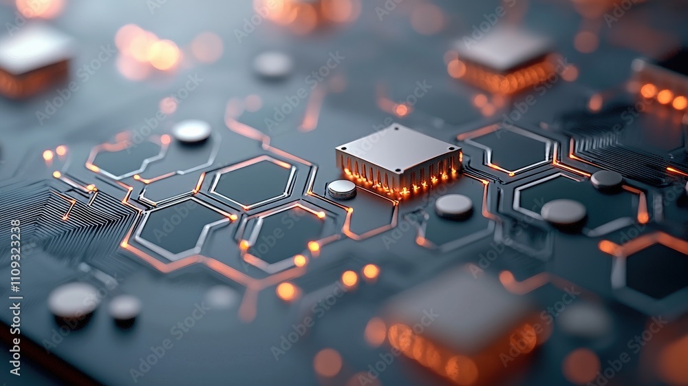 Poster material science nanomaterials concept. a close-up view of a circuit board featuring chips and intri
