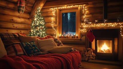 Fototapeta premium Cozy Christmas interior with lights creates a warm atmosphere. 
