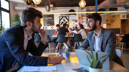 Business man as a business mentor guiding a young entrepreneur through the challenges of starting a new business sharing valuable advice and practical tips in a vibrant startup incubator