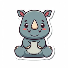 Fototapeta premium cute chibi rhinoceros with tiny horns and a big round belly, illustrated in a playful, sticker-like style. 