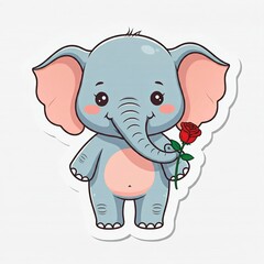 Obraz premium Chibi elephant with tiny feet and a wide smile, holding a flower in its trunk, designed like a fun sticker. 