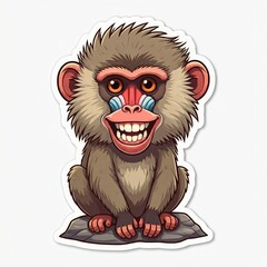Obraz premium Chibi baboon with tiny hands and a big, toothy grin, sitting on a rock, illustrated as a fun sticker. 