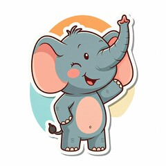Obraz premium Chibi elephant standing with its trunk raised in the air, with big round eyes and a happy expression, designed as a sticker. 