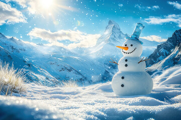 Obraz premium Snowman in snowy mountain landscape on sunny winter day.