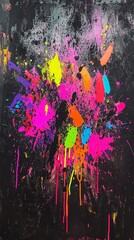 Obraz premium A chaotic mix of bright neon splatters on a textured, dark backdrop