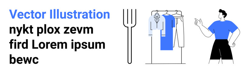 Person pointing at a clothing rack with hanging garments and an adjacent fork-thumbs up object. Ideal for fashion industry, organization, decision-making, lifestyle choices, minimalism, instructions