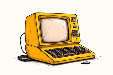 A vintage-style computer poster featuring an old CRT monitor and keyboard, rendered in muted tones and bold typography