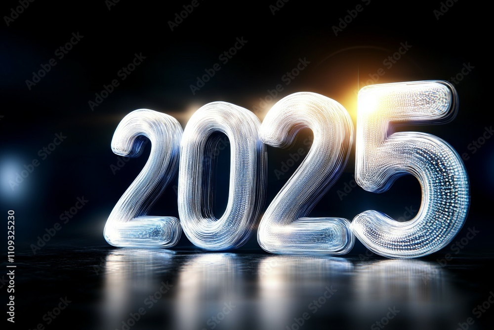 Poster illuminated 2025 number display with glowing effects on a dark background