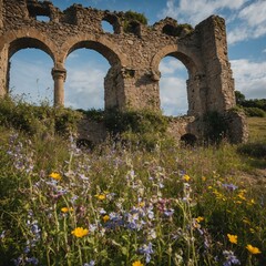 Naklejka premium A ruined castle encircled by wildflowers swaying in the breeze.