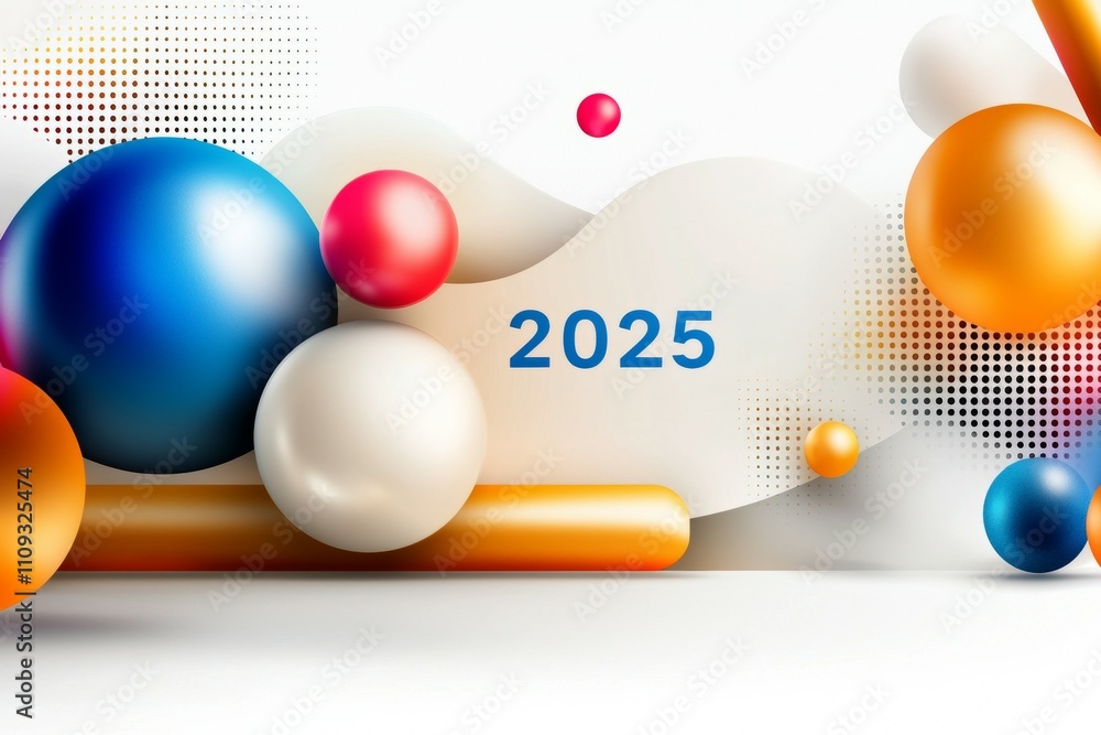 Poster colorful abstract 3d spheres surrounding 2025 text with modern design elements