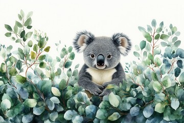 A cute koala sitting among green eucalyptus leaves, showcasing nature's beauty.