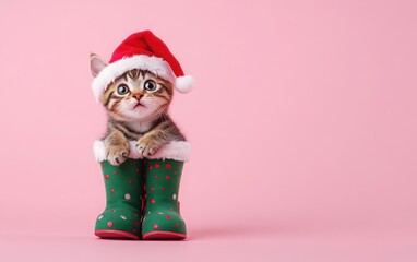 A charming, high-resolution image of a cat in a Santa hat sitting inside a Christmas boot, isolated on a pink background. 