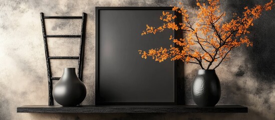Cozy living room interior featuring a mock up poster frame stylish wooden console black ladder and elegant vase with branch ideal for home decor inspiration